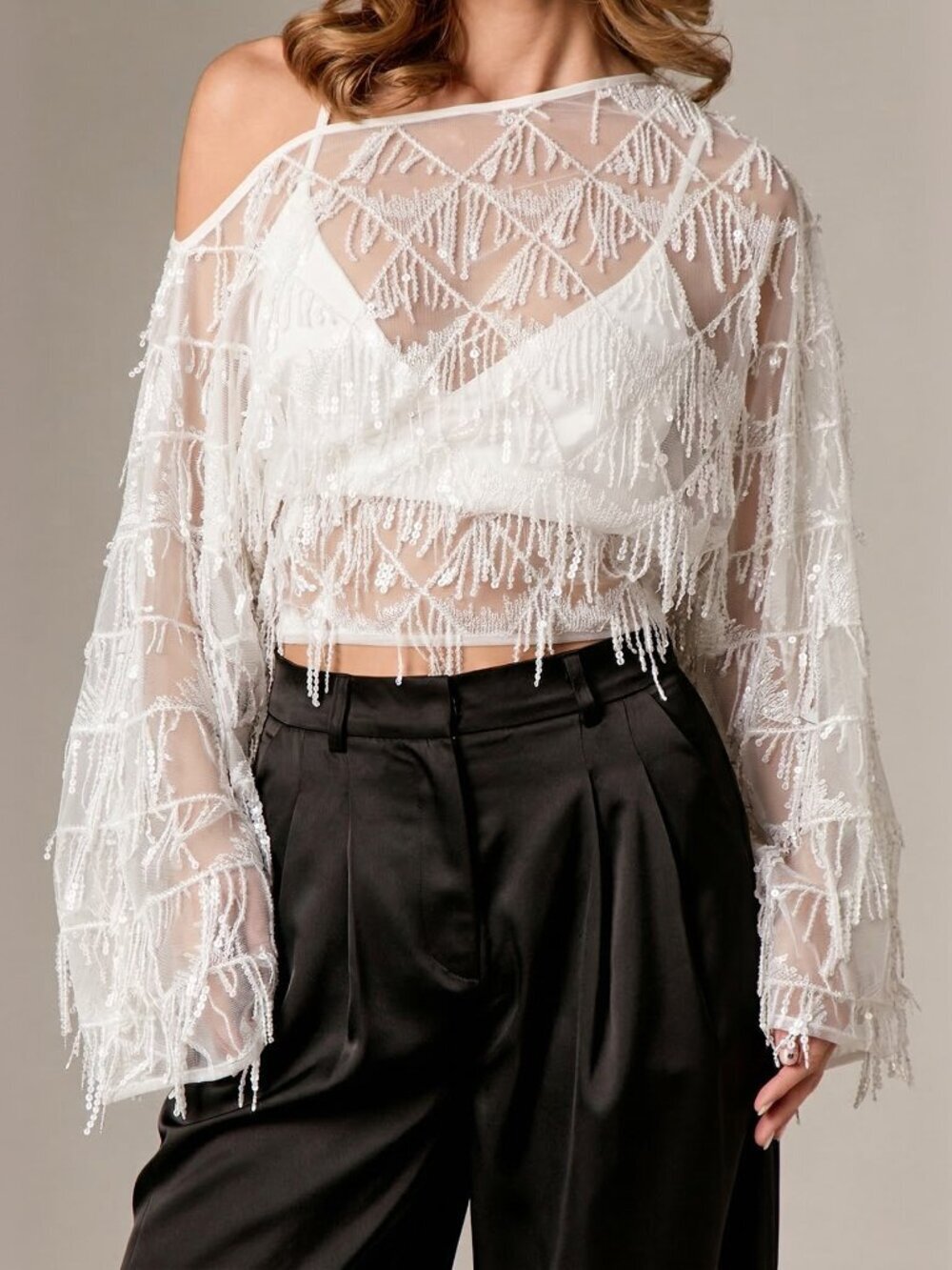 White Sexy Women's Sequin One Shoulder Top with Fringe and Sheer Sleeves - Picture 5 of 6